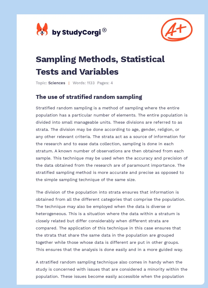 Sampling Methods, Statistical Tests and Variables. Page 1