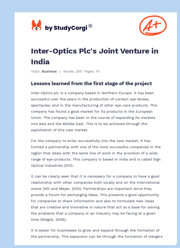 Inter-Optics Plc's Joint Venture in India. Page 1
