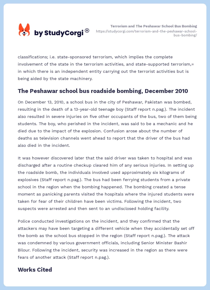 Terrorism and The Peshawar School Bus Bombing. Page 2