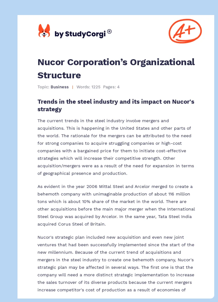Nucor Corporation’s Organizational Structure. Page 1