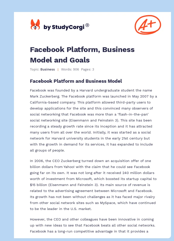 Facebook Platform, Business Model and Goals. Page 1