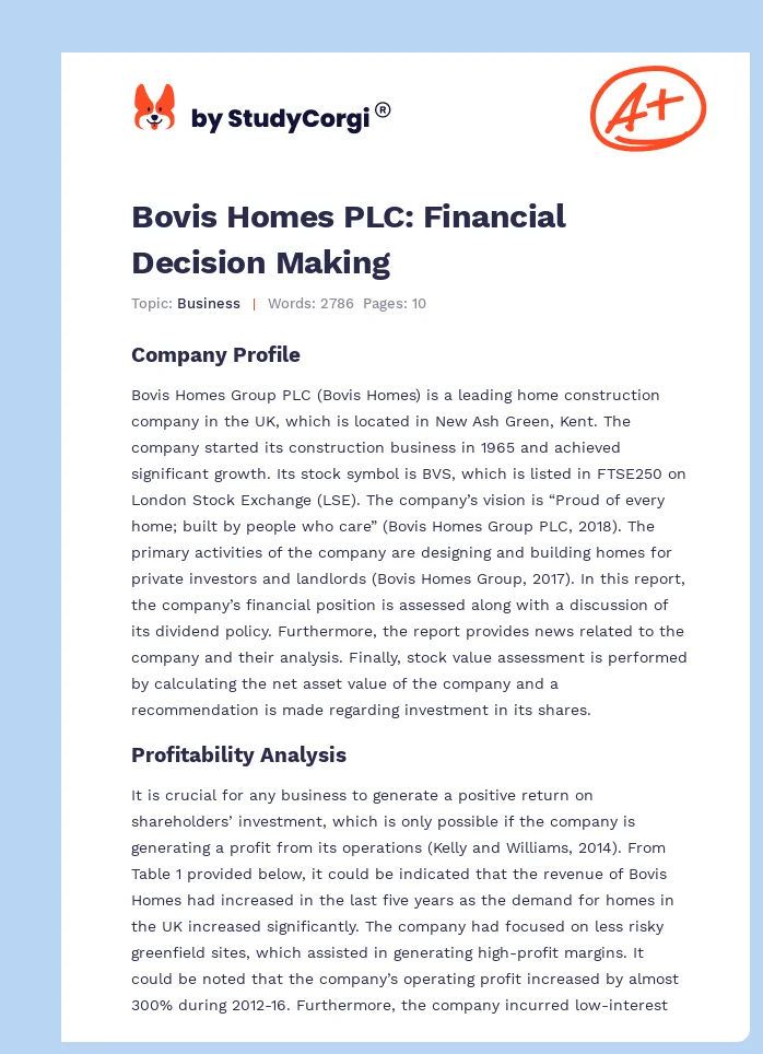 Bovis Homes PLC: Financial Decision Making. Page 1
