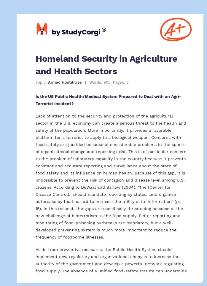 Homeland Security in Agriculture and Health Sectors. Page 1
