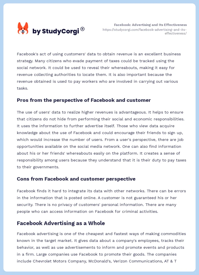 Facebook: Advertising and Its Effectiveness. Page 2