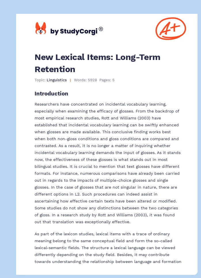 New Lexical Items: Long-Term Retention. Page 1