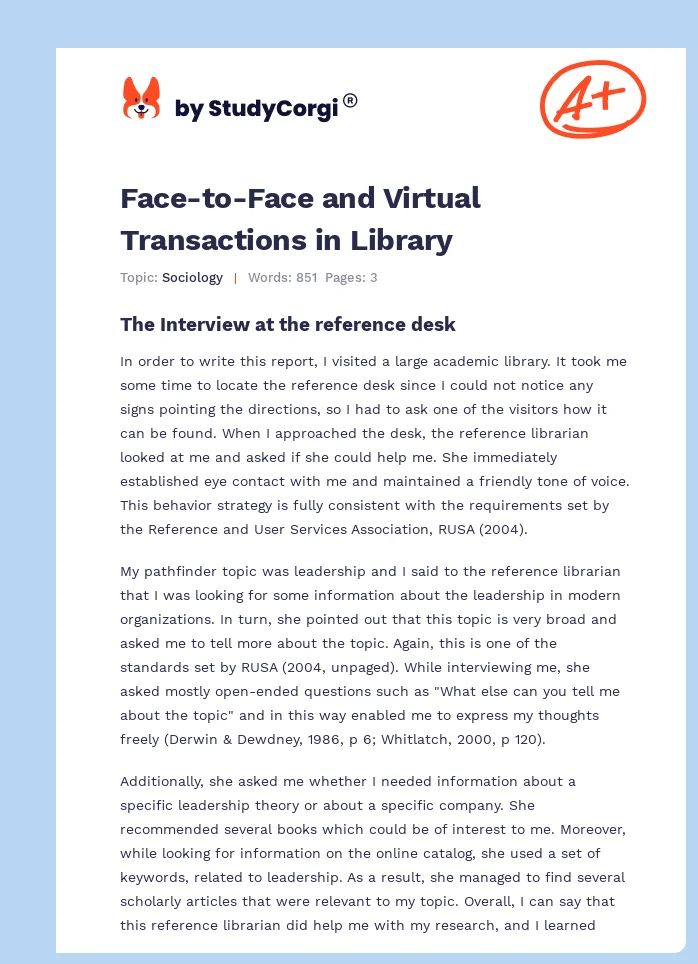 Face-to-Face and Virtual Transactions in Library. Page 1