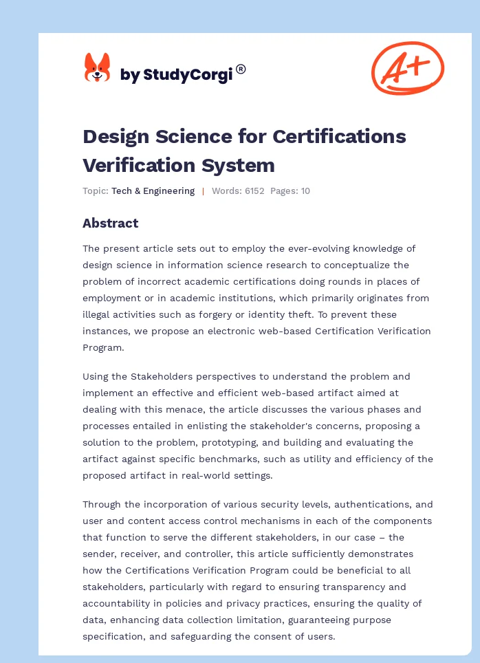 Design Science for Certifications Verification System. Page 1