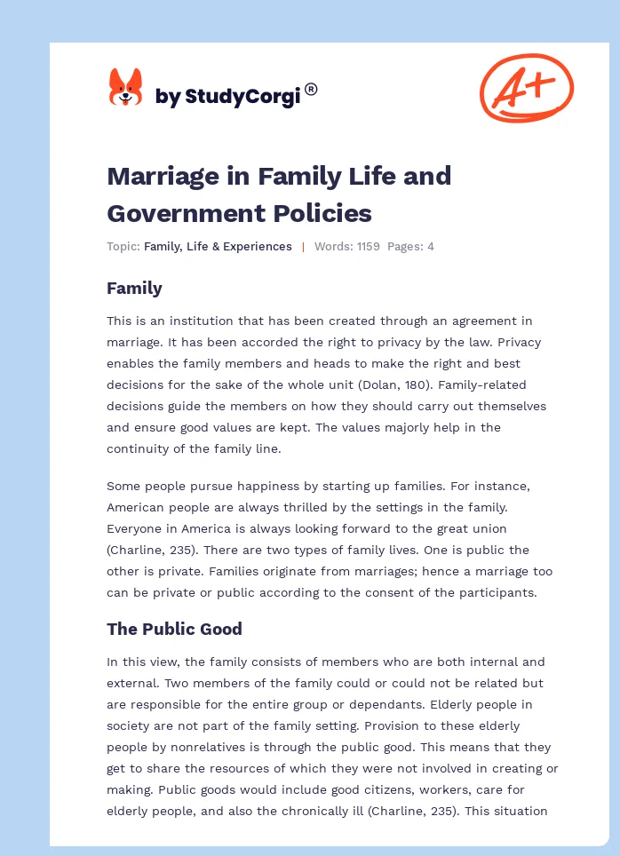 Marriage in Family Life and Government Policies. Page 1