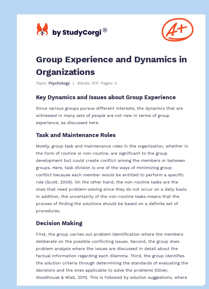 Group Experience and Dynamics in Organizations. Page 1