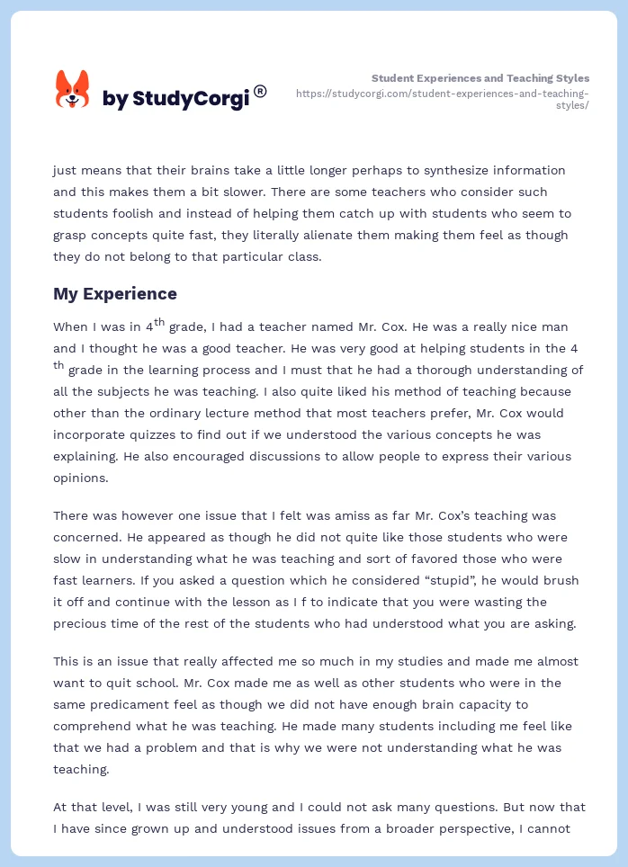 Student Experiences and Teaching Styles. Page 2