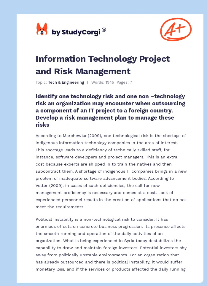 Information Technology Project and Risk Management. Page 1