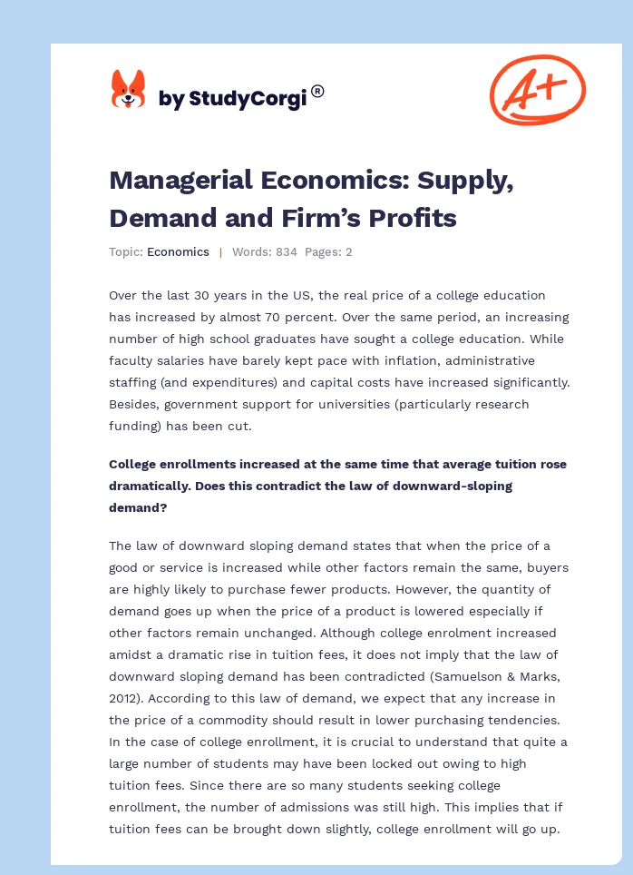 Managerial Economics: Supply, Demand and Firm’s Profits. Page 1
