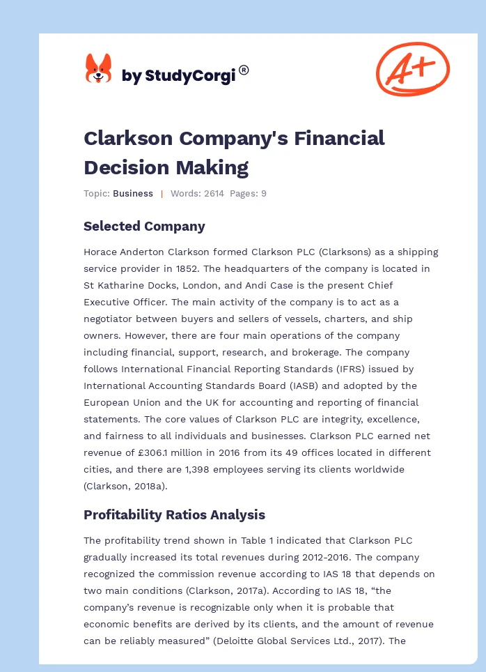 Clarkson Company's Financial Decision Making. Page 1