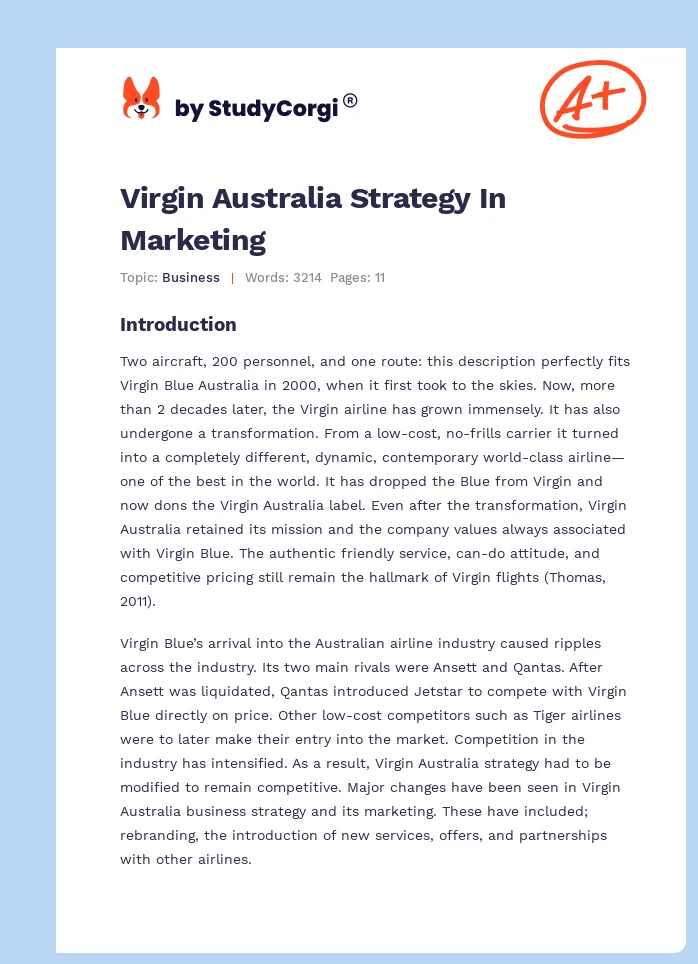 Virgin Australia Strategy In Marketing. Page 1