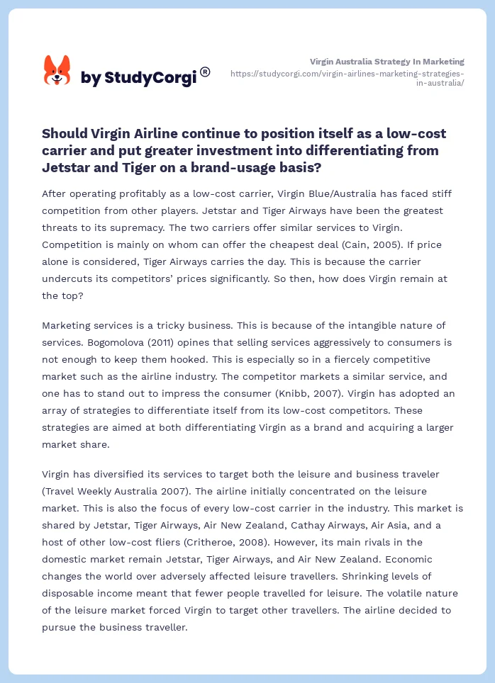 Virgin Australia Strategy In Marketing. Page 2