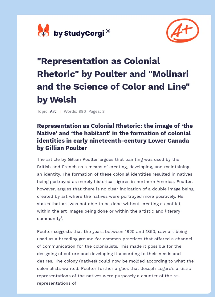 "Representation as Colonial Rhetoric" by Poulter and "Molinari and the Science of Color and Line" by Welsh. Page 1