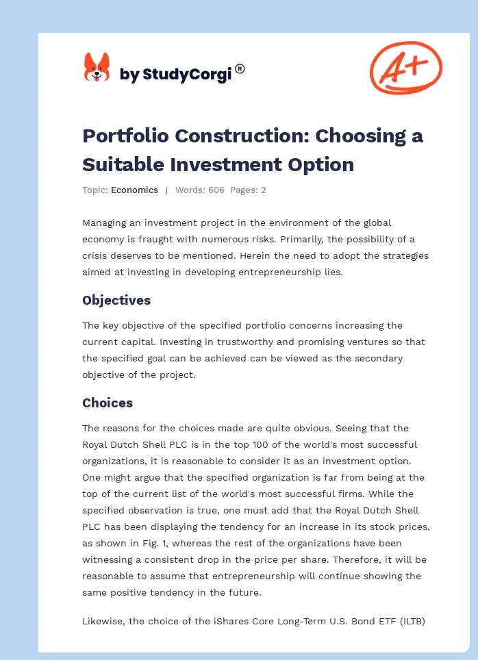 Portfolio Construction: Choosing a Suitable Investment Option. Page 1