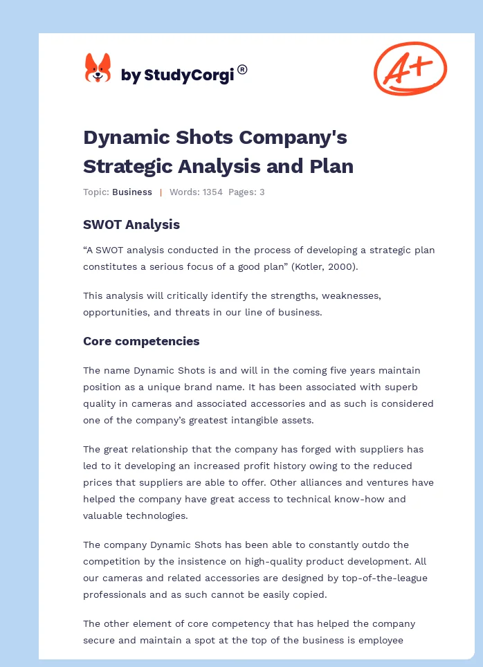 Dynamic Shots Company's Strategic Analysis and Plan. Page 1