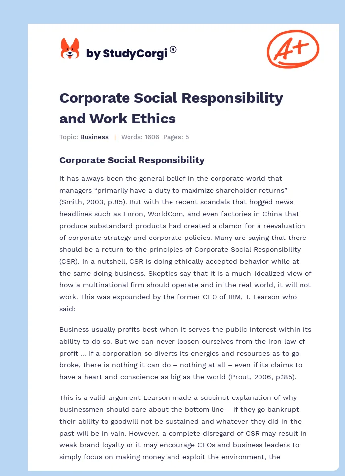 Corporate Social Responsibility and Work Ethics. Page 1