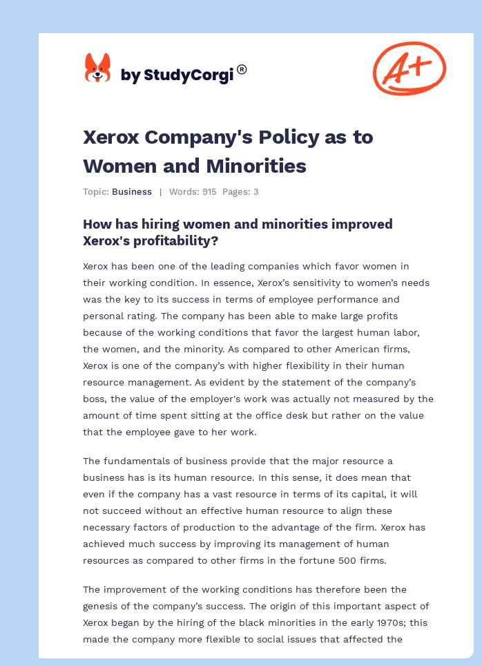 Xerox Company's Policy as to Women and Minorities. Page 1