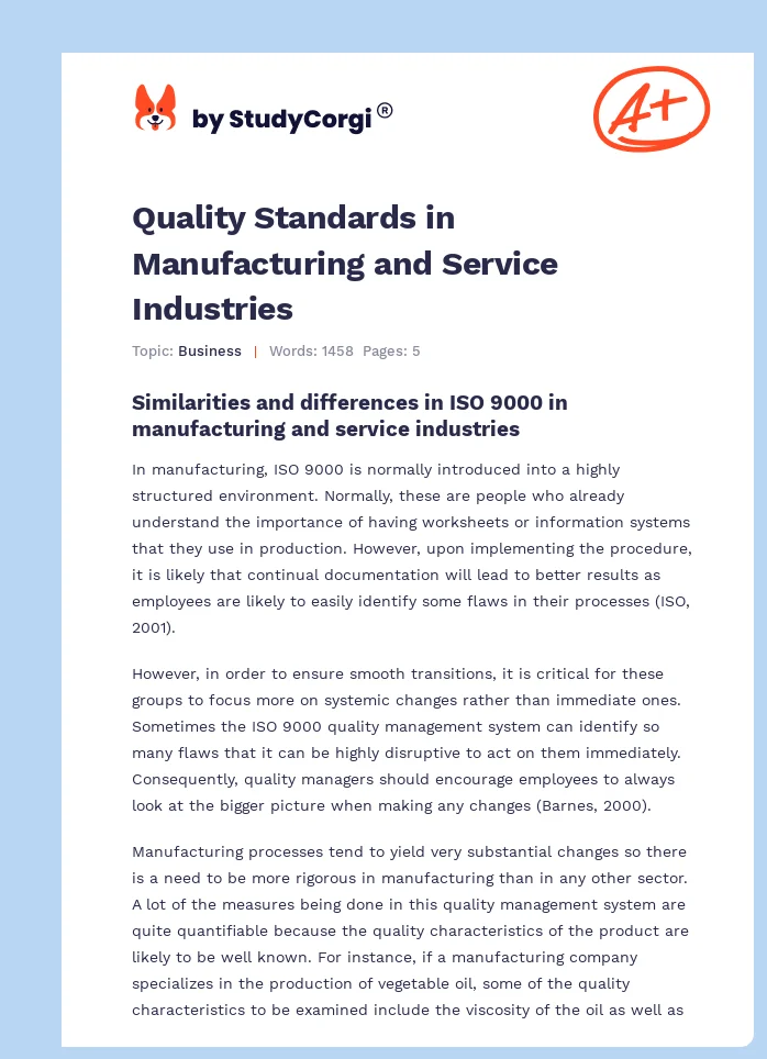 Quality Standards in Manufacturing and Service Industries. Page 1