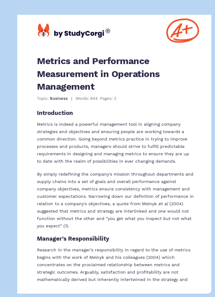 Metrics and Performance Measurement in Operations Management. Page 1
