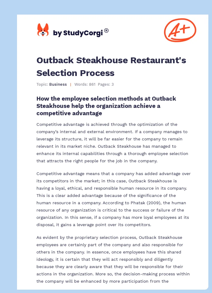 Outback Steakhouse Restaurant's Selection Process. Page 1