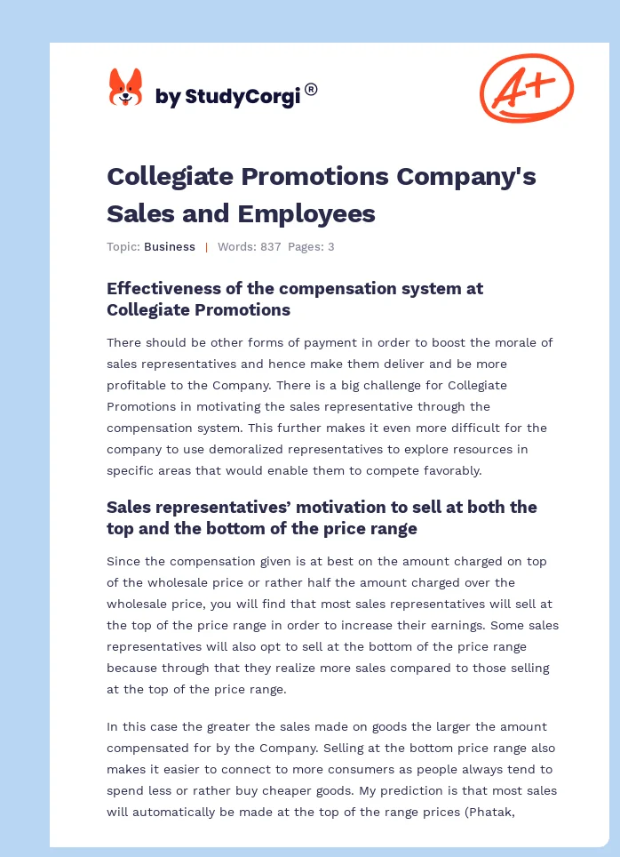 Collegiate Promotions Company's Sales and Employees. Page 1