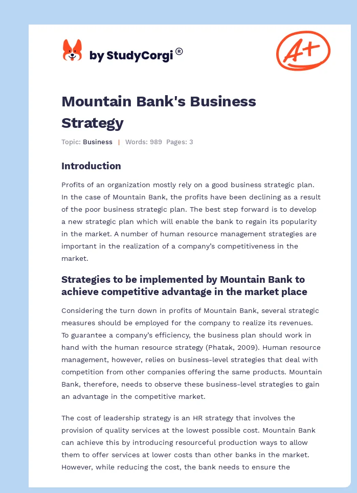 Mountain Bank's Business Strategy. Page 1