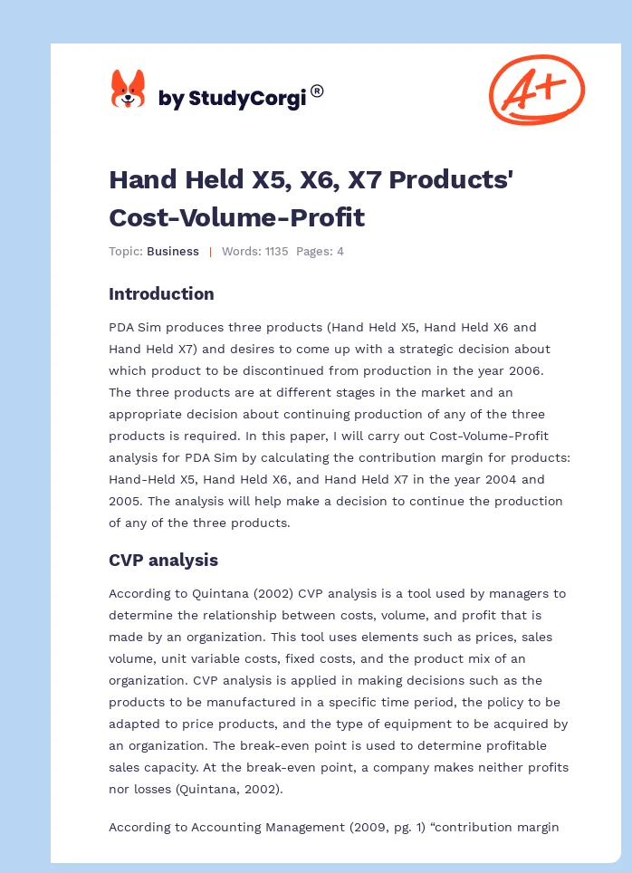 Hand Held X5, X6, X7 Products' Cost-Volume-Profit. Page 1