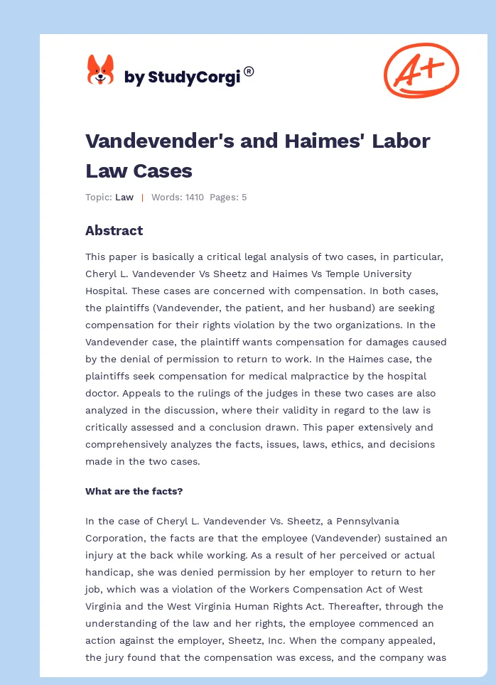Vandevender's and Haimes' Labor Law Cases. Page 1