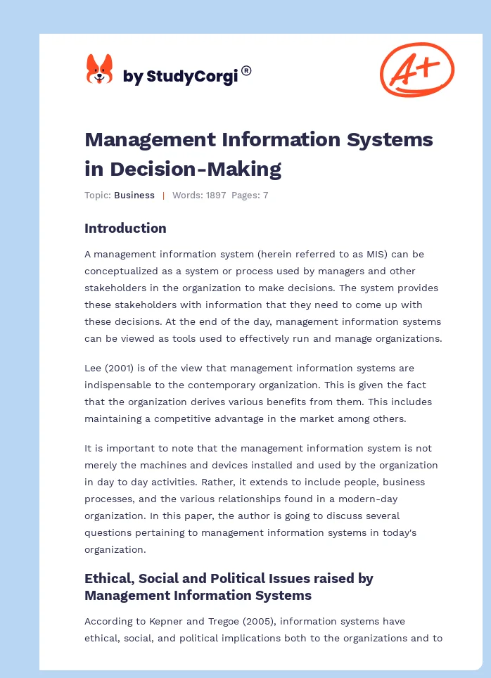 Management Information Systems in Decision-Making. Page 1