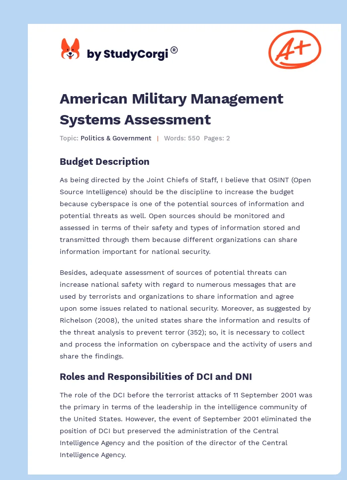 American Military Management Systems Assessment. Page 1
