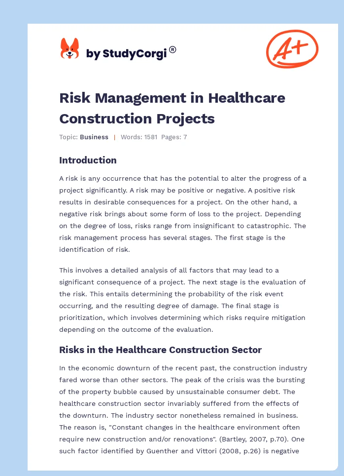 Risk Management in Healthcare Construction Projects. Page 1