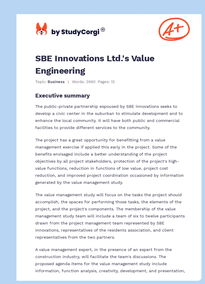 SBE Innovations Ltd.'s Value Engineering. Page 1
