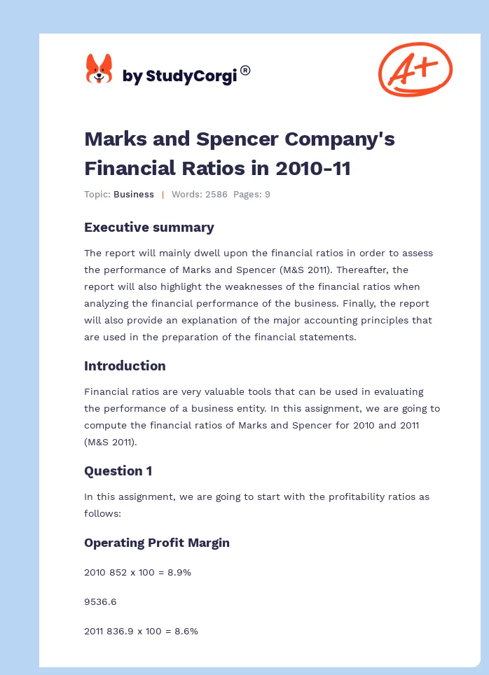 Marks and Spencer Company's Financial Ratios in 2010-11. Page 1