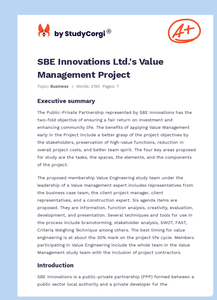 SBE Innovations Ltd.'s Value Management Project. Page 1