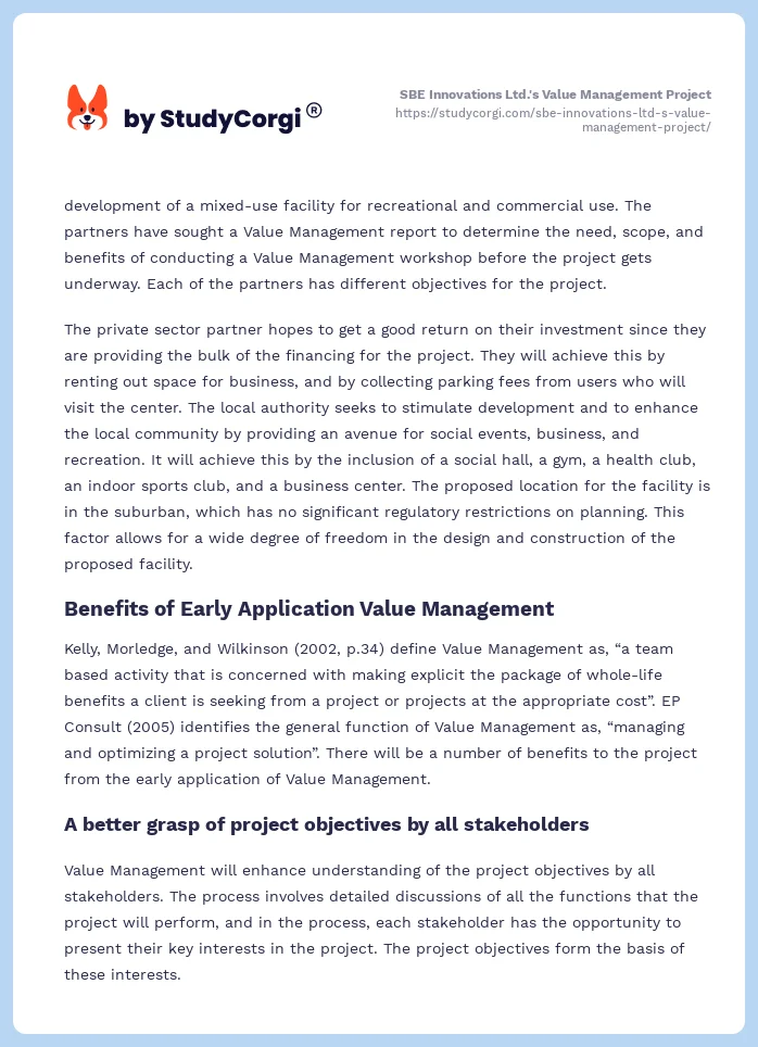 SBE Innovations Ltd.'s Value Management Project. Page 2