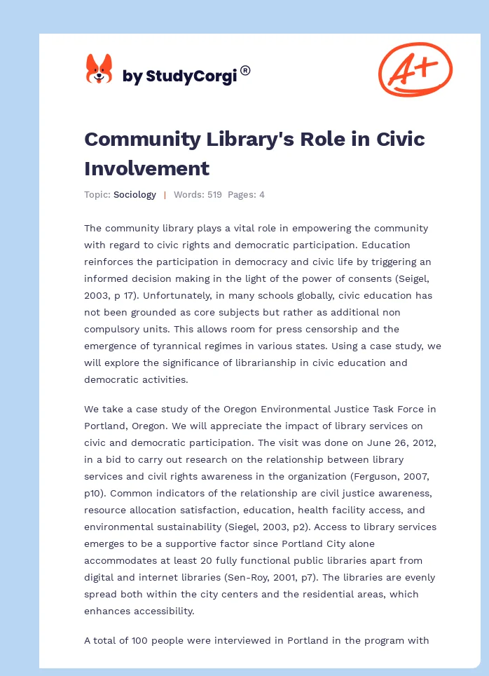 Community Library's Role in Civic Involvement. Page 1