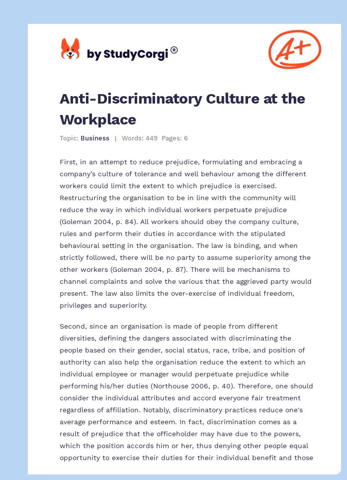 Anti-Discriminatory Culture at the Workplace. Page 1