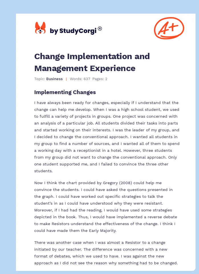 Change Implementation and Management Experience. Page 1