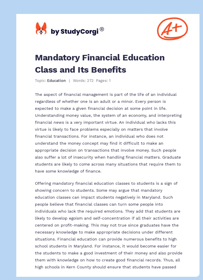 Mandatory Financial Education Class and Its Benefits. Page 1