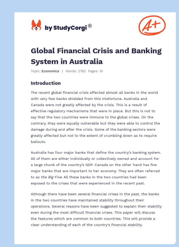 Global Financial Crisis and Banking System in Australia. Page 1
