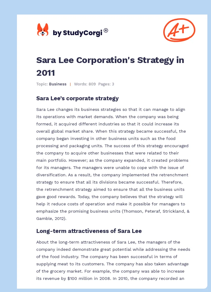 Sara Lee Corporation's Strategy in 2011. Page 1