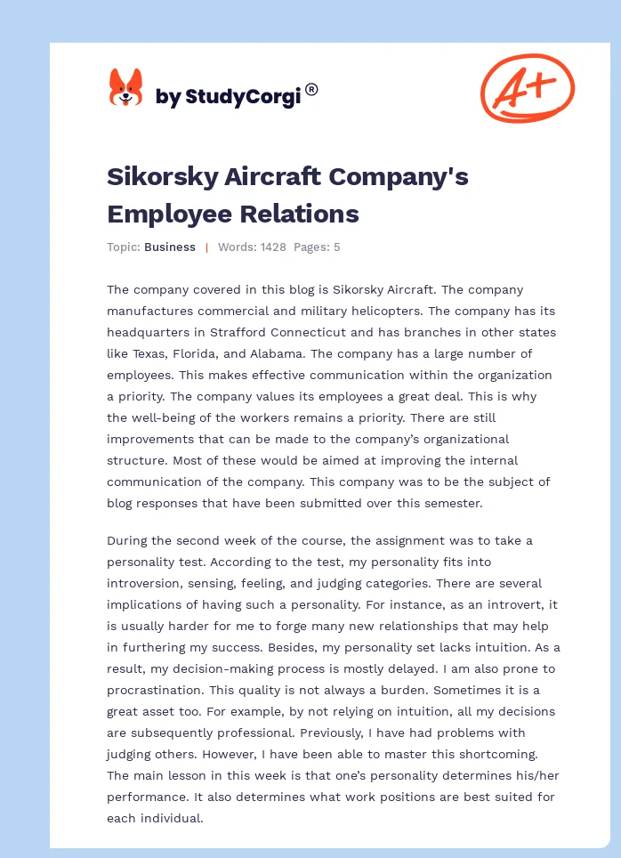 Sikorsky Aircraft Company's Employee Relations. Page 1