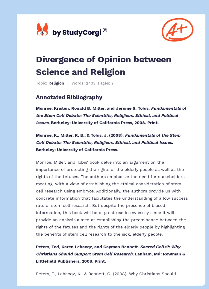 Divergence of Opinion between Science and Religion. Page 1