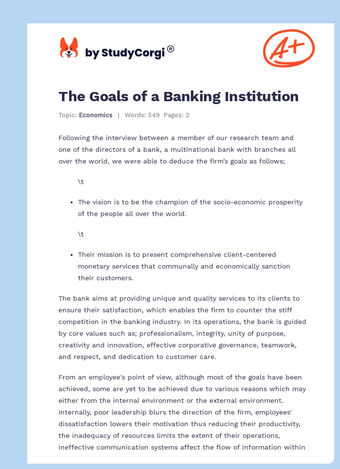 The Goals of a Banking Institution. Page 1