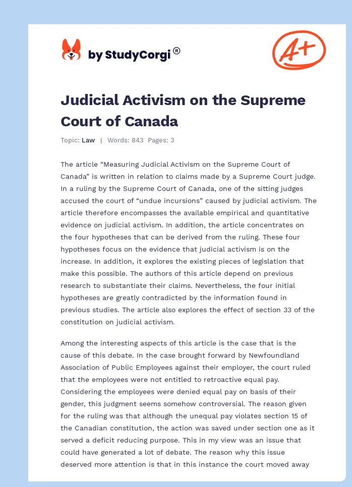 Judicial Activism on the Supreme Court of Canada. Page 1