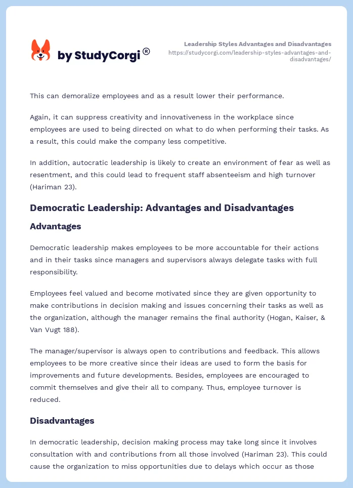 Leadership Styles Advantages and Disadvantages. Page 2