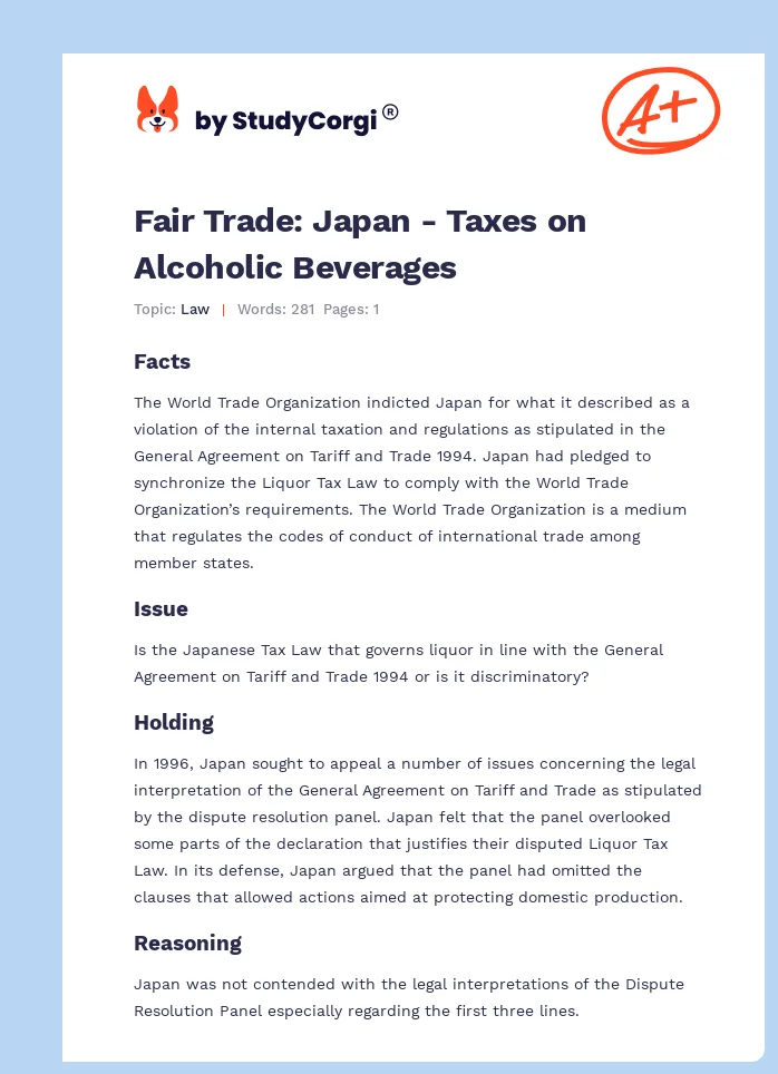 Fair Trade: Japan - Taxes on Alcoholic Beverages. Page 1